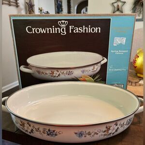 Crowning Fashion Johann Haviland 15” Oval Baking Pan‎ Spring Bouquet Enamel NOS